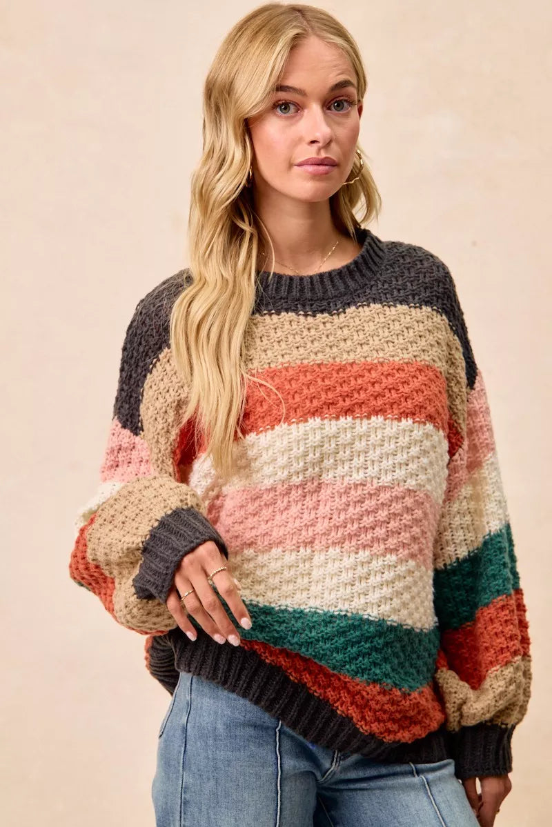 BiBi Stripes Color Block Chunky Sweater | Sweaters Daverri Fashions