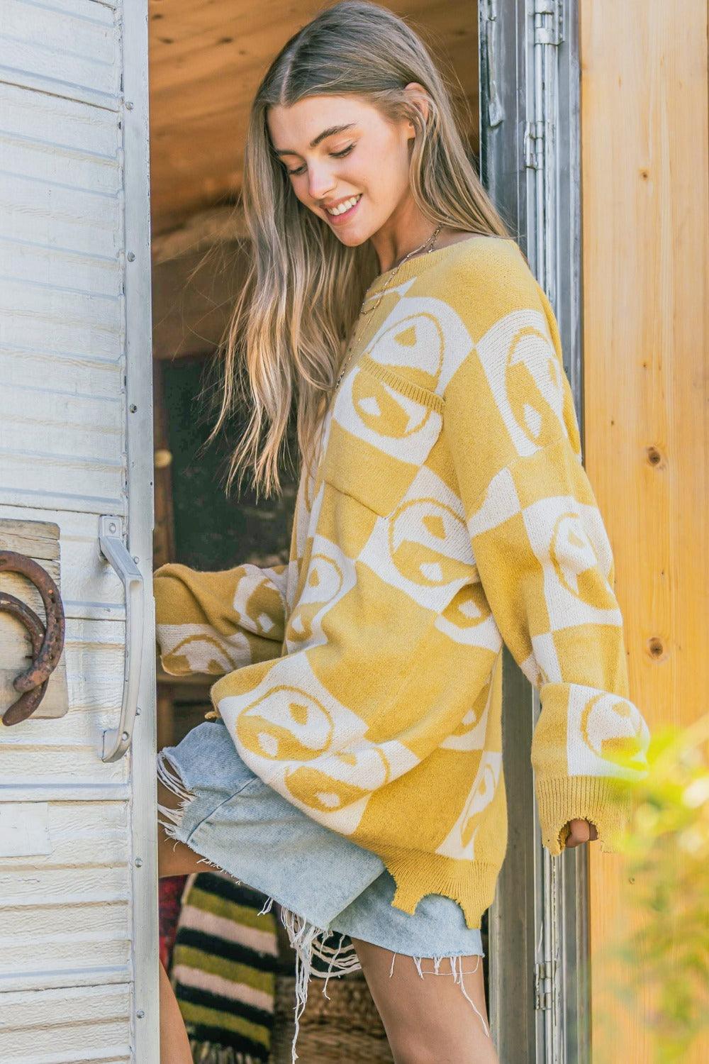 And The Why Checkerboard Sweater with Yin Yang Pattern | Sweaters Daverri Fashions