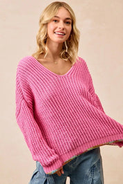 BiBi V-Neck Sweater with Colorful Trim | Daverri Fashions
