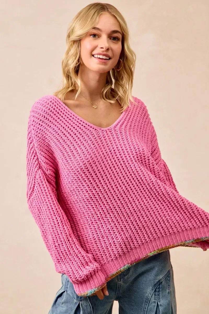 BiBi V-Neck Sweater with Colorful Trim - DAVERRI FASHIONS