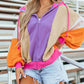 Color Block Zip-Up Hoodie with purple front, beige orange sleeves, pink trim