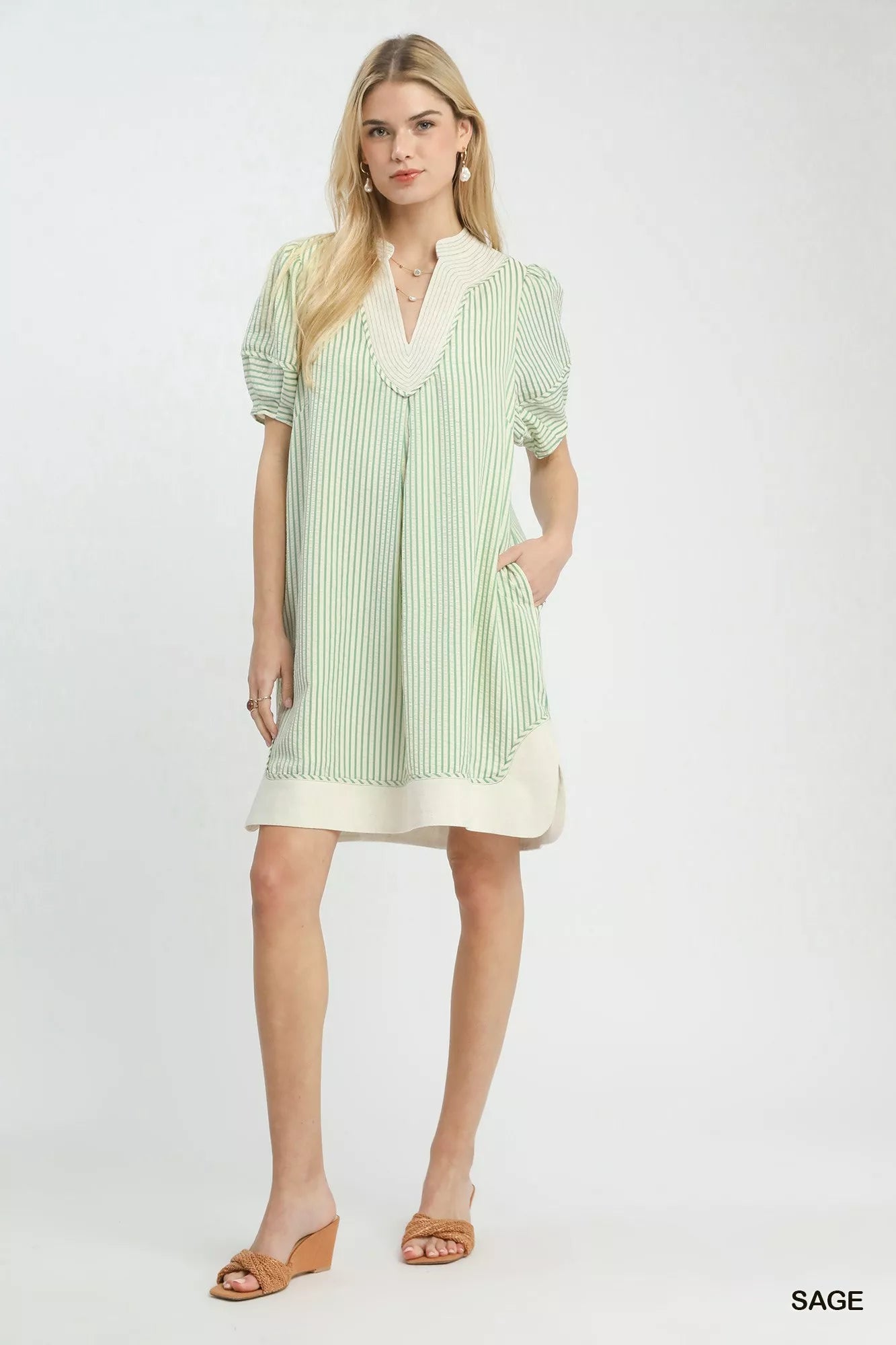 Umgee Pinstripe Shift Dress in sage green and white stripes with cream trim