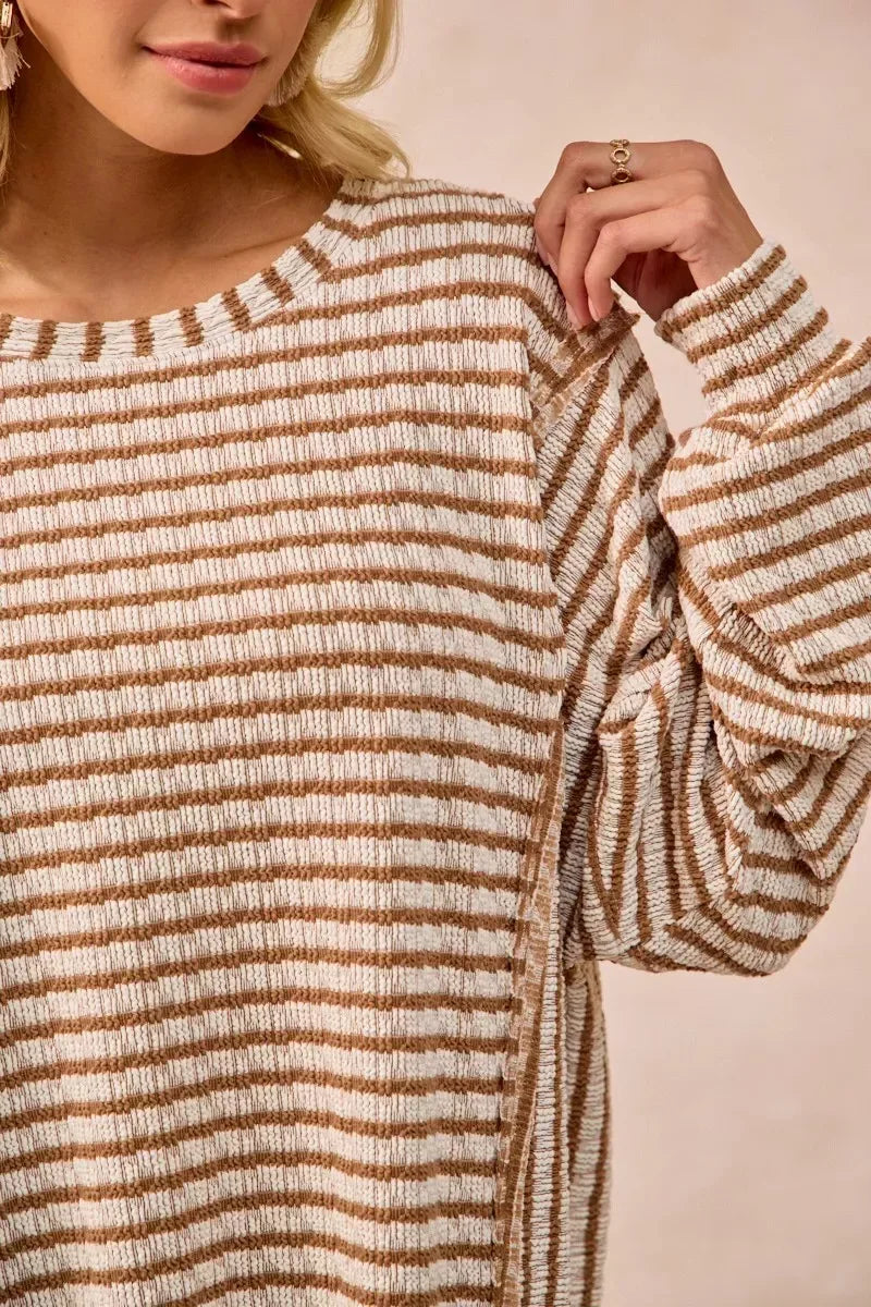BiBi Open Seam Detail Textured Stripe Knit Top - DAVERRI FASHIONS