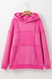 Hot pink fuzzy Sherpa Patchwork Long Sleeve Hoodie with scalloped hem