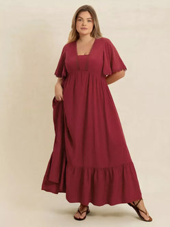 Plus Size Lace Detail Flutter Sleeve Maxi Dress - DAVERRI FASHIONS