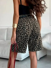 Leopard Print High-Waisted Denim Shorts | Shorts Daverri Fashions