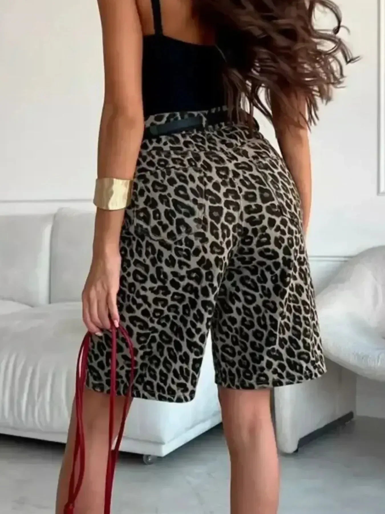 Leopard Print High-Waisted Denim Shorts - DAVERRI FASHIONS