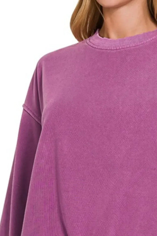 Zenana Soft Fleece Pigment Dye Round-neck Sweatshirts Lt Plum - DAVERRI FASHIONS