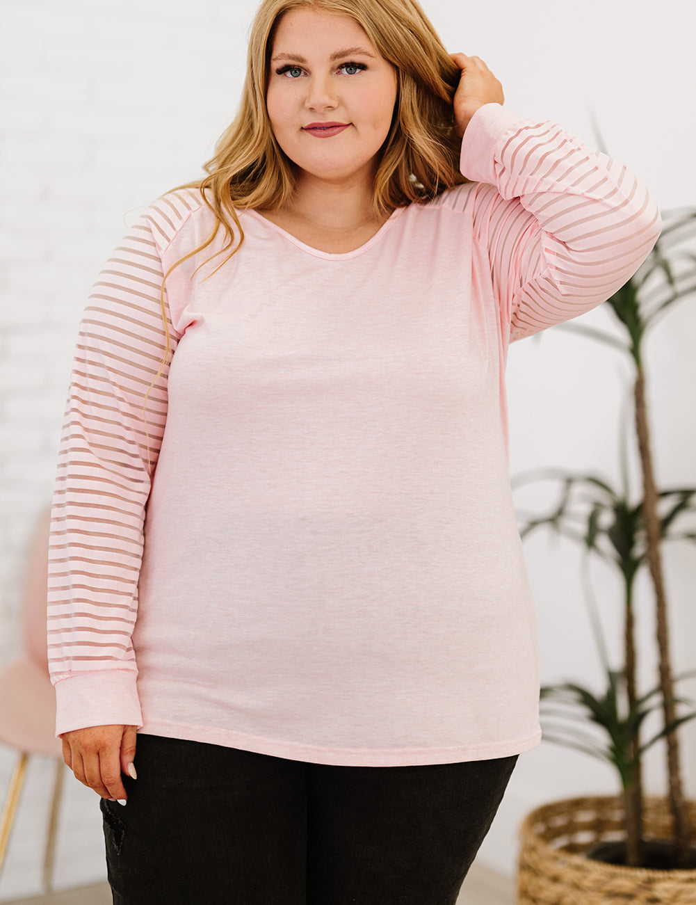 Pink Plus Size Sheer Striped Sleeve V-Neck Top | Tops Daverri Fashions