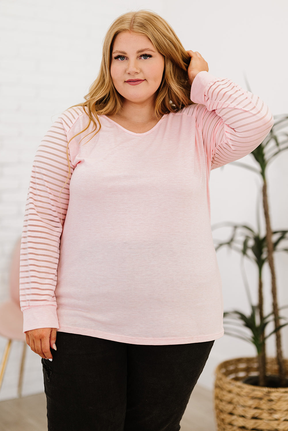 Pink Plus Size Sheer Striped Sleeve V-Neck Top | Tops Daverri Fashions