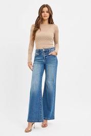 RISEN High Rise Wide Leg Jenas with Front Yoke and Heart Back Pocket | Jeans Daverri Fashions