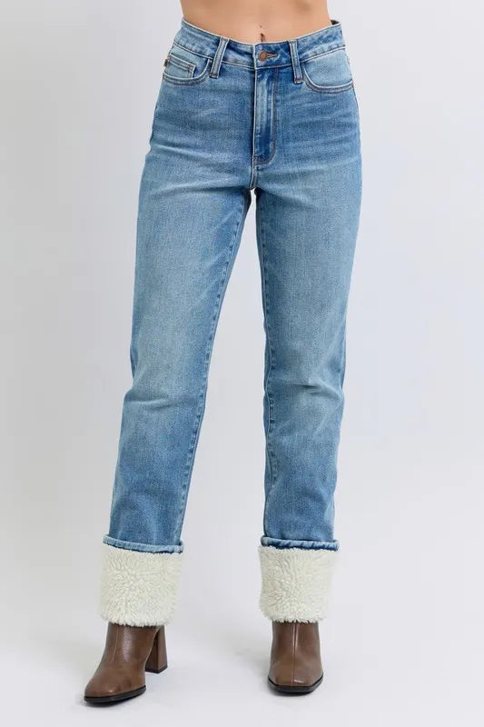 Judy Blue Full Size High Waist Shearling Cuff Straight Jeans
