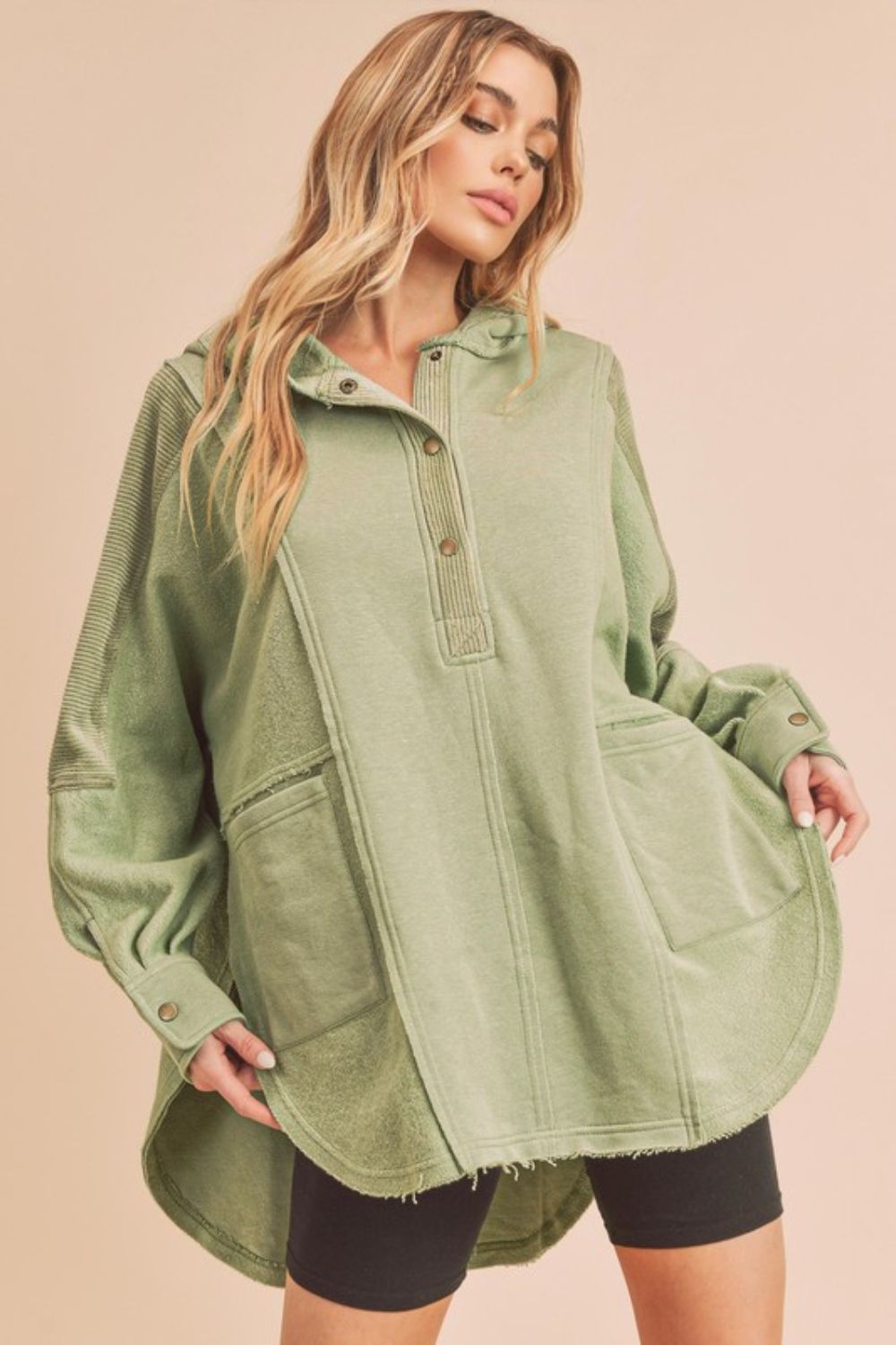 Aemi + Co Slit Half Snap Oversize Hoodie Sage Hoodies