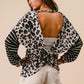 BiBi Leopard Hacci Knit Twist Back Top With Stripe Sleeve Tops
