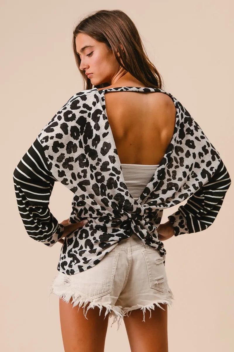 BiBi Leopard Hacci Knit Twist Back Top With Stripe Sleeve Tops