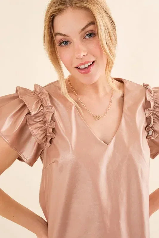 And The Why Faux Leather Ruffle Sleeves V Neck Top - DAVERRI FASHIONS