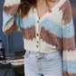 Color block button-up cardigan in cream, blue, brown stripes