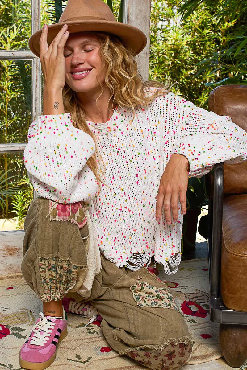 POL Round Neck Fringed Hem Sweater | Sweaters Daverri Fashions