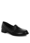 Black studded faux leather loafer with silver accents on toe and side