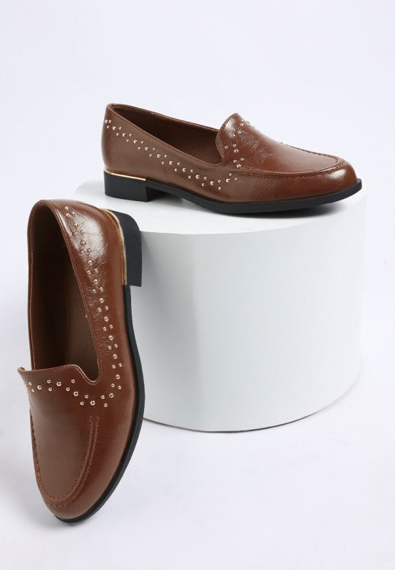 Brown studded faux leather loafers with silver detailing and low block heel
