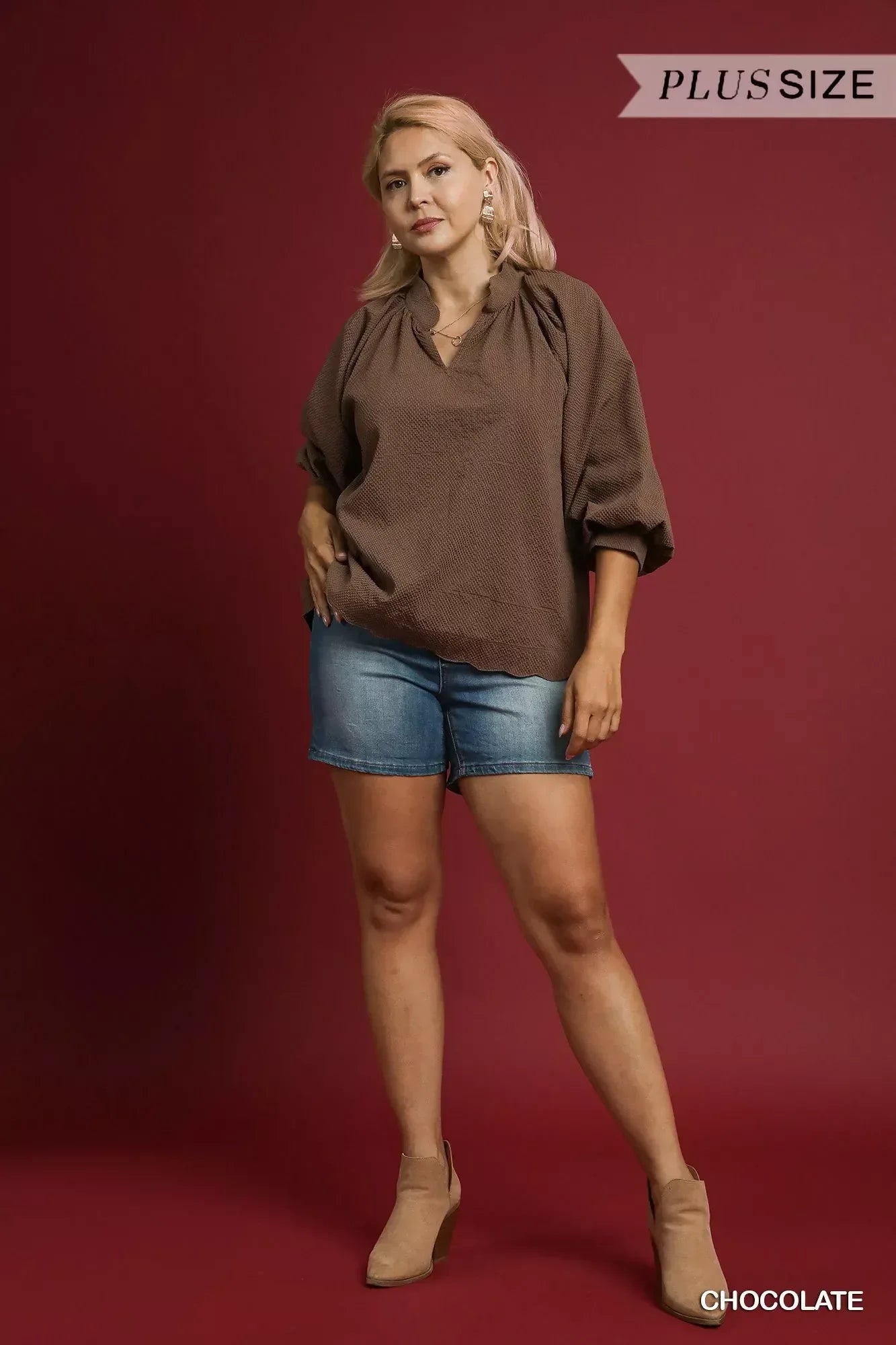 Umgee Full Size Textured Notched Balloon Sleeve Blouse Plus Size - DAVERRI FASHIONS