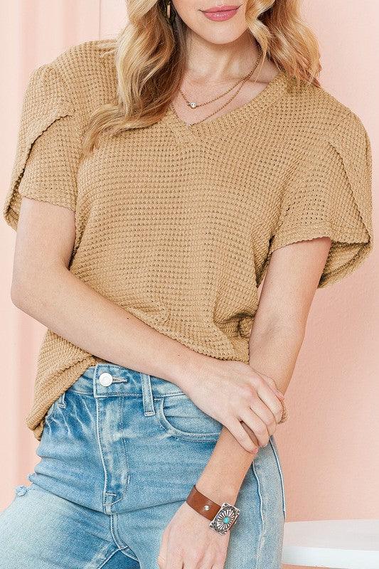 Tulip Sleeve Waffle Knit Top Shirts & Tops