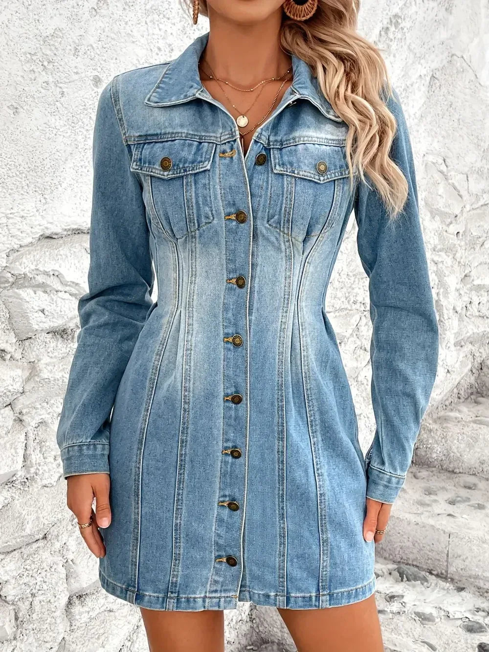 Pocketed Button Up Long Sleeve Denim Dress - DAVERRI FASHIONS