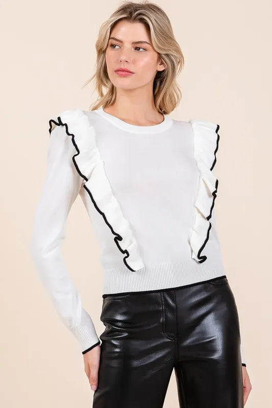 Mittoshop Contrast Trim Ruffled Round Neck Knit Top | Tops Daverri Fashions