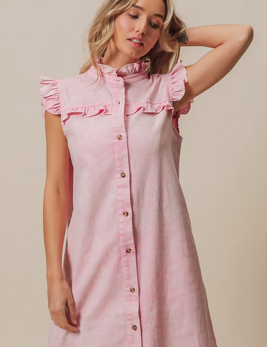 BiBi Washed Button Down Ruffled Cap Sleeve Denim Dress