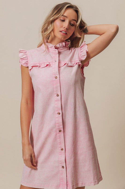 BiBi Washed Button Down Ruffled Cap Sleeve Denim Dress