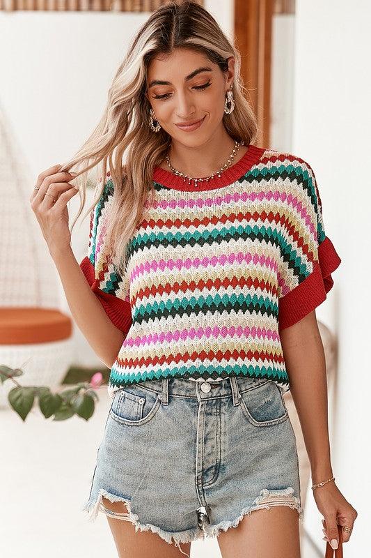 Red Pink Green Striped Short Sleeve Sweater Sweaters