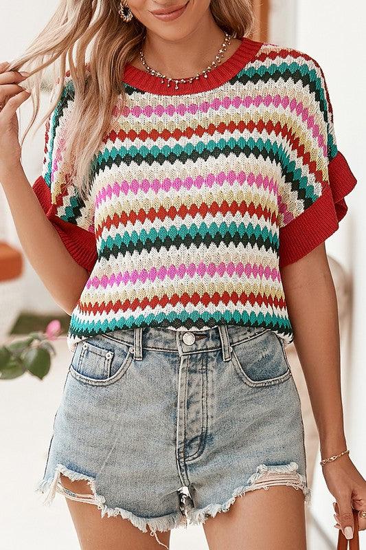 Red Pink Green Striped Short Sleeve Sweater Sweaters