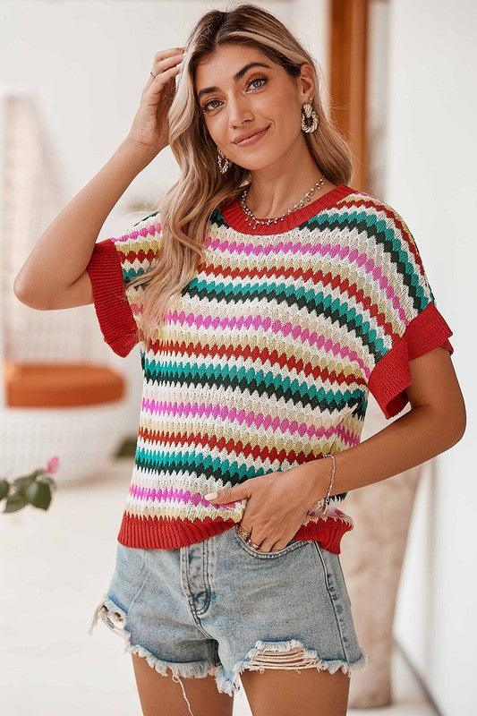 Red Pink Green Striped Short Sleeve Sweater Red Pink Green Sweaters