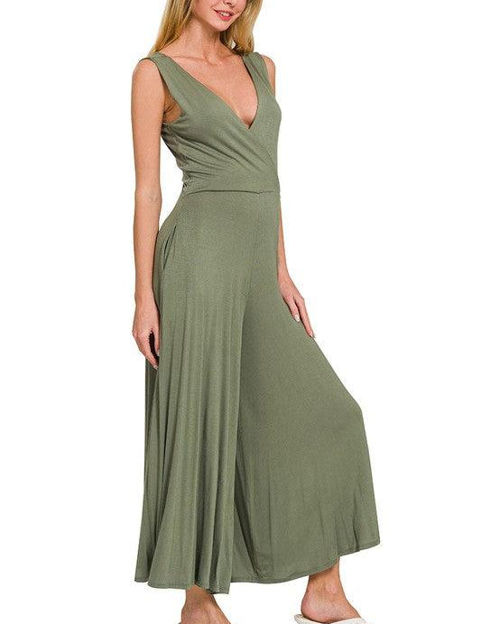 Surplice Neckline Sleeveless Jumpsuit LT OLIVE Jumpsuits