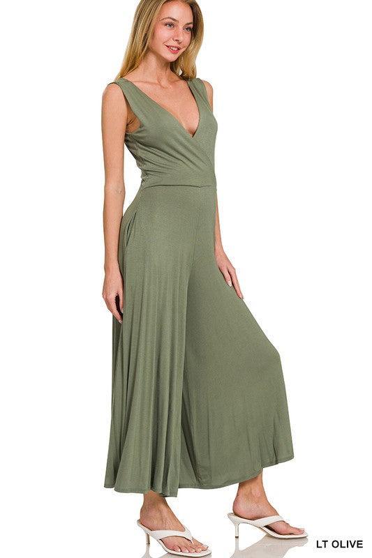 Surplice Neckline Sleeveless Jumpsuit LT OLIVE L Jumpsuits