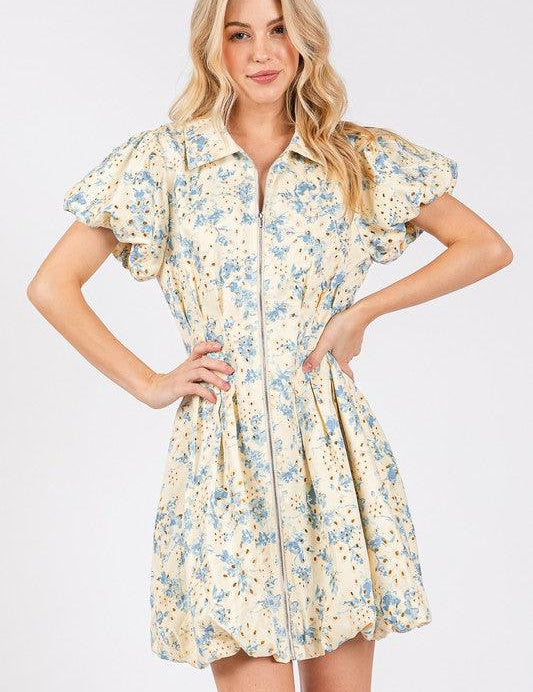 Pastel Blue GeeGee Floral Eyelet Zipper Front Puff Sleeve Mini Dress | Daverri Fashions
