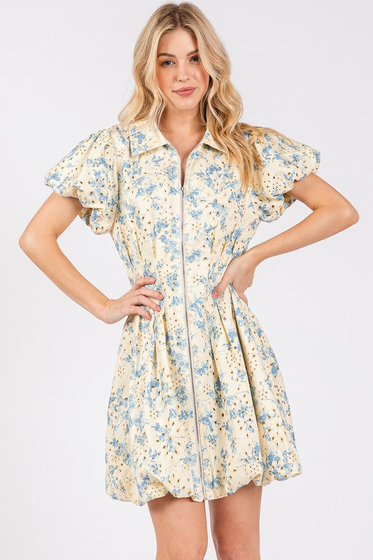 GeeGee Floral Eyelet Zipper Front Puff Sleeve Mini Dress Pastel Blue