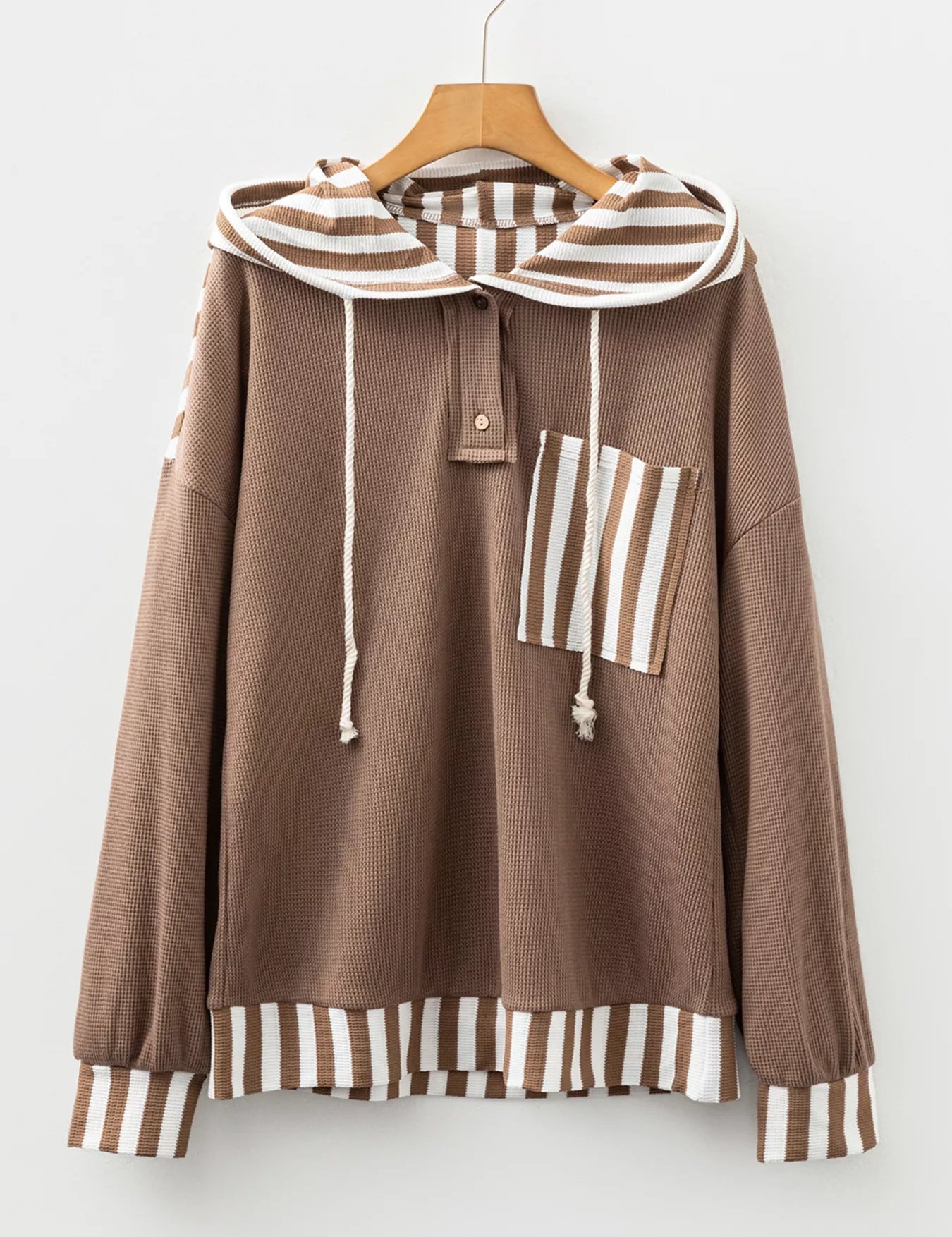 Waffle Texture Striped Patchwork Button Neck Drawstring Hoodie | Hoodies Daverri Fashions