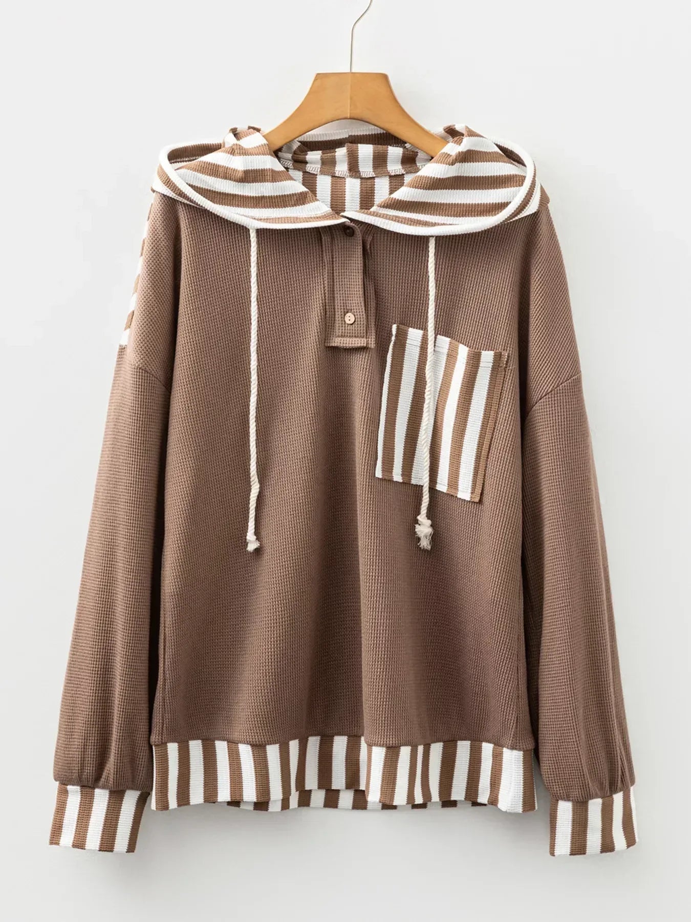 Waffle Texture Striped Patchwork Button Neck Drawstring Hoodie - DAVERRI FASHIONS