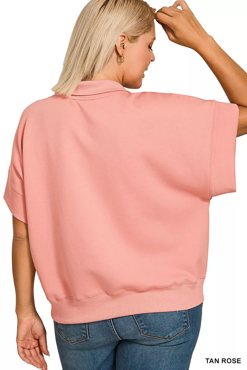 Zenana Full Size Scuba High Neck Half Zip Short Sleeve Top Plus Size | Tops Daverri Fashions