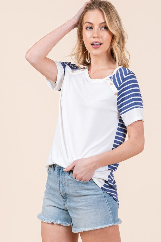 Stripe Combo Short Sleeve Top Blue Combo Tops