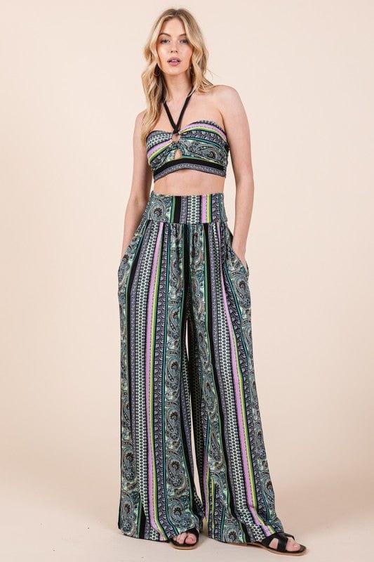 Halter Crop Top with Wide Leg Pants with Pockets Boho Print Pants