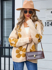 Tan Flower Open Front Long Sleeve Cardigan | Cardigans Daverri Fashions
