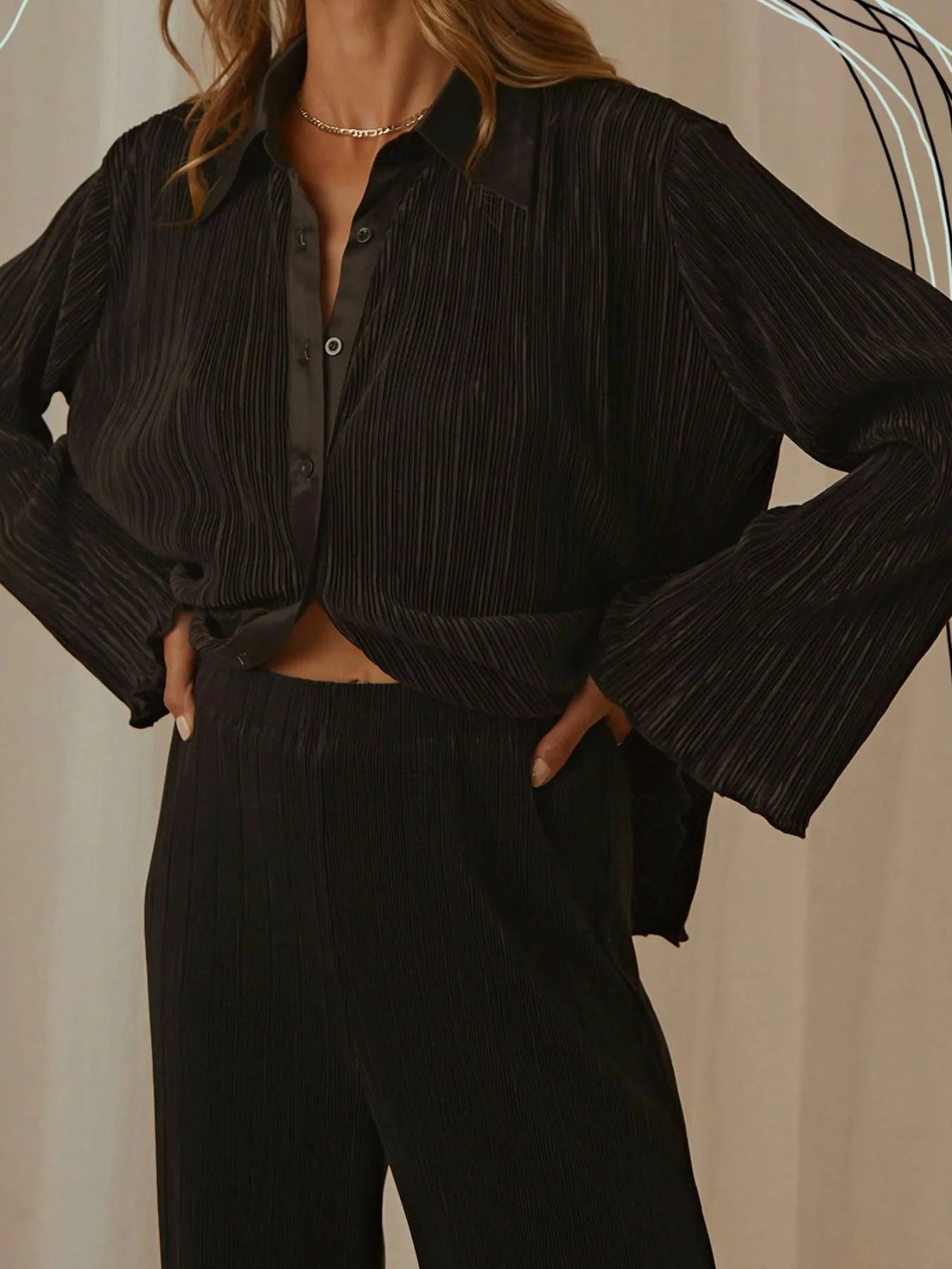 Button Up Long Sleeve Top and Pants Set | Loungewear Sets Daverri Fashions