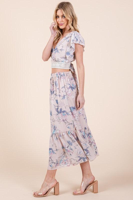 Floral Print Skirt Set with Tie Back Blouse Skirt Sets