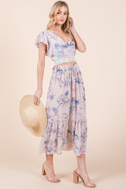 Floral Print Skirt Set with Tie Back Blouse Skirt Sets