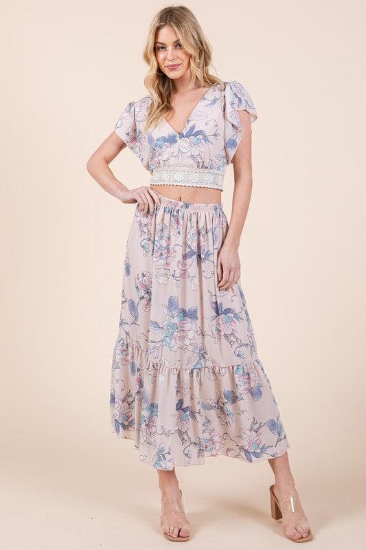 Floral Print Skirt Set with Tie Back Blouse Skirt Sets