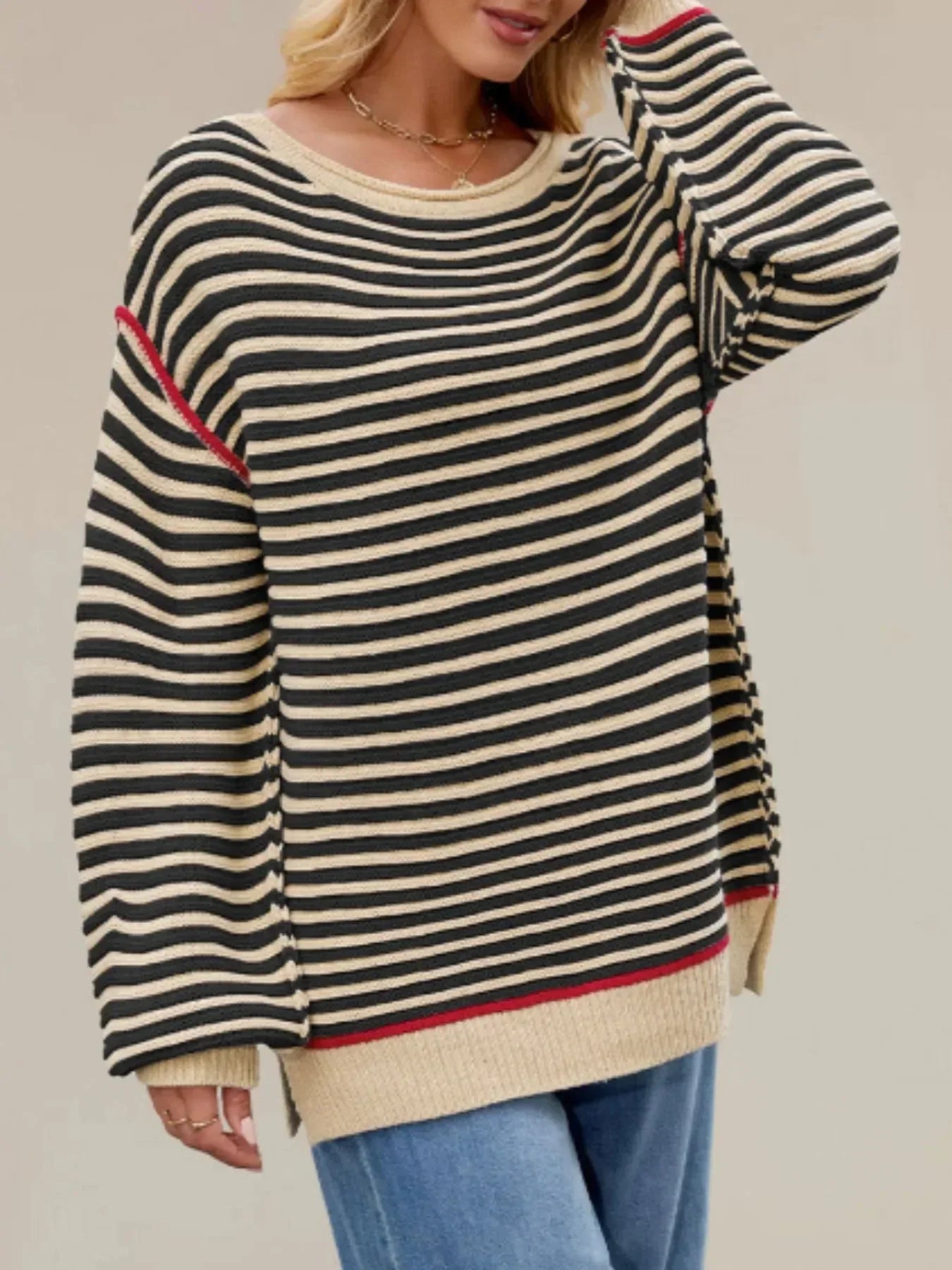 Slit Striped Oversized Sweater - DAVERRI FASHIONS