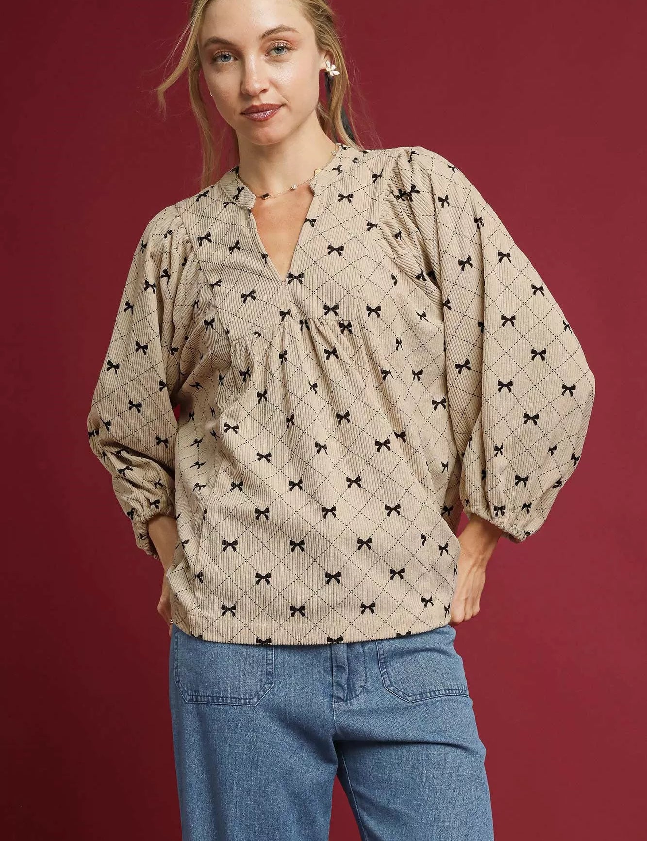 OATMEAL Umgee Corduroy Bow Print Balloon Sleeve Blouse | Blouses Daverri Fashions