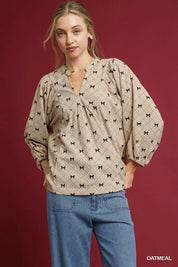 OATMEAL Umgee Corduroy Bow Print Balloon Sleeve Blouse | Blouses Daverri Fashions